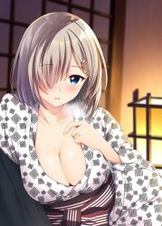 Rule 34 | 1girl, backlighting, bath yukata, blue eyes, blush, breasts, breath, cleavage, collarbone, hair ornament, hair over one eye, hairclip, hamakaze (kancolle), highres, indoors, japanese clothes, jewelry, kantai collection, kimono, large breasts, long sleeves, looking at viewer, mimamui, obi, parted lips, ring, sash, short hair, silver hair, solo, sweat, upper body, wedding ring, yukata