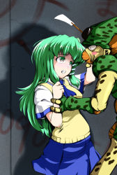 Rule 34 | 1boy, 1girl, adapted costume, arm grab, ascot, blush, byoin, cell (dragon ball), crossover, dragon ball, eye contact, frog, gohei, green eyes, green hair, grey eyes, imperfect cell, kochiya sanae, long hair, looking at another, monster, oonusa, scared, school uniform, snake, struggling, touhou, vest, you gonna get raped