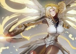 Rule 34 | 1girl, blonde hair, blue eyes, bodysuit, breasts, butcherboy, gradient background, halo, high ponytail, huge breasts, lips, mechanical halo, mechanical wings, mercy (overwatch), overwatch, overwatch 1, pantyhose, ponytail, short hair, smile, solo, staff, wings, yellow wings