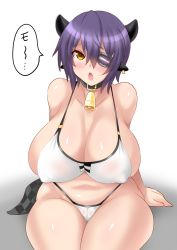 Rule 34 | 10s, 1girl, :o, animal ears, bell, bikini, blush, breasts, cleavage, collar, collarbone, covered erect nipples, cow ears, cow horns, cowbell, earrings, eyepatch, highres, horns, huge breasts, jewelry, kantai collection, konno tohiro, looking at viewer, navel, neck bell, open mouth, plump, purple hair, short hair, simple background, sitting, solo, swimsuit, tenryuu (kancolle), thick thighs, thighs, translated, white background, white bikini, yellow eyes