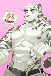 Rule 34 | 2boys, abs, absurdres, animal ears, arknights, bara, blush stickers, brown fur, cowboy shot, dog boy, dog ears, furry, furry male, furry with furry, hands up, highres, horns, hung (arknights), large hands, large pectorals, light blush, long dinh, looking at viewer, male focus, mountain (arknights), multiple boys, muscular, muscular male, navel, nipples, pectorals, pink background, puckered lips, scar, scar across eye, scar on chest, scar on stomach, single horn, solo focus, surprised, tiger boy, tiger ears, topless male, two-tone fur, white fur, white hair, wide-eyed, wide oval eyes, yaoi