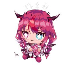 Rule 34 | 1girl, can, chibi, ddrawins, demon horns, detached wings, diamond-shaped pupils, diamond (shape), dress, drink can, halo, heterochromia, highres, holding, holding can, hololive, hololive english, horns, irys (hololive), irys (irys 2.0) (hololive), long hair, multicolored hair, pink hair, pointy ears, sidelocks, soda can, streaked hair, symbol-shaped pupils, virtual youtuber, white dress, wings