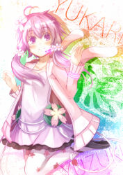 Rule 34 | 1girl, ahoge, black footwear, character name, cherry blossoms, closed mouth, collarbone, commentary request, disembodied limb, dress, floral print, flower, frilled dress, frills, full body, hair flower, hair ornament, hand on another&#039;s arm, hand on another&#039;s neck, jacket, lace, lace-trimmed dress, lace trim, light blush, long sleeves, looking at viewer, low twintails, open clothes, open jacket, pantyhose, pink eyes, pink flower, pink hair, pink jacket, pink sleeves, purple dress, rainbow background, shadow, shiroino (shirayuki mutsuki), shoes, short dress, smile, solo, strapless, strapless dress, sweater jacket, twintails, vocaloid, white background, white pantyhose, yuzuki yukari, yuzuki yukari (onn)