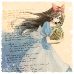 Rule 34 | 1girl, alice (alice in wonderland), alice in wonderland, bow, brown hair, choker, english text, female focus, glasses, green eyes, hair bow, holding, long hair, open mouth, pocket watch, poem, reika (clovia studio), solo, watch