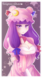 Rule 34 | 1girl, artist name, blue bow, blue ribbon, blunt bangs, blush, border, bow, bowtie, breast hold, breasts, capelet, cleavage, commentary, crescent, crescent hair ornament, dress, hair bow, hair ornament, hat, hat ribbon, highres, long hair, long sleeves, looking at viewer, medium breasts, mob cap, outline, patchouli knowledge, pink capelet, pink dress, pink hat, pink lips, purple background, purple eyes, purple hair, red bow, red bowtie, red ribbon, ribbon, signature, solo, star (symbol), touhou, upper body, white border, white outline, wide sleeves, yulynn-chan