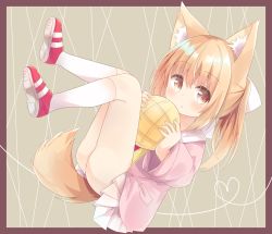Rule 34 | 1girl, absurdres, animal ear fluff, animal ears, brown eyes, cardigan, child, commentary request, dog ears, dog tail, expressionless, fetal position, food, full body, hair ribbon, highres, light brown hair, long hair, long sleeves, miniskirt, nakkar, open cardigan, open clothes, original, panties, pantyshot, parted lips, pleated skirt, ribbon, shoes, skirt, solo, tail, underwear, white legwear, white panties