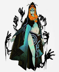 Rule 34 | 1girl, absurdres, blue skin, cloak, colored skin, commentary, disembodied limb, english commentary, eyeshadow, green skin, headdress, highres, lemolunes, looking at viewer, makeup, mantle, midna, midna (true), nintendo, orange hair, red eyes, silk, smile, solo, tattoo, the legend of zelda, the legend of zelda: twilight princess, twili