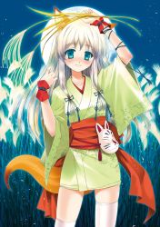 Rule 34 | 1girl, animal ears, aqua eyes, blush, contrapposto, fox ears, fox tail, grey hair, japanese clothes, long hair, looking at viewer, mask, moon, non-web source, original, sash, short sleeves, solo, standing, tail, tareme, thighhighs, touto seiro, twintails, wheat, white thighhighs, wide sleeves, zettai ryouiki