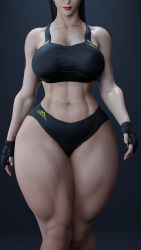 Rule 34 | 1girl, 3d, abs, absurdres, bare hips, bare legs, bare shoulders, black gloves, black panties, breasts, brown eyes, brown hair, capcom, chun-li, cpt-flapjack, curvy, female focus, fingerless gloves, gloves, gradient background, highres, large breasts, lips, muscular, muscular female, navel, panties, red lips, simple background, solo, sports bikini, sports bra, sportswear, standing, stomach, street fighter, thick thighs, thigh focus, thighs, underwear, wide hips