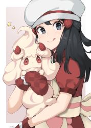 Rule 34 | 1girl, :q, alcremie, alcremie (strawberry sweet), apron, artist name, black hair, border, bright pupils, chef hat, closed mouth, creatures (company), dawn (palentine&#039;s 2021) (pokemon), dawn (pokemon), dress, eyelashes, game freak, gen 8 pokemon, grey eyes, hair ornament, hairclip, hat, highres, holding, holding pokemon, light blush, long hair, milka (milk4ppl), mittens, nintendo, official alternate costume, outside border, oven mitts, pokemon, pokemon (creature), pokemon masters ex, red dress, red mittens, short sleeves, sidelocks, smile, star (symbol), tongue, tongue out, white border