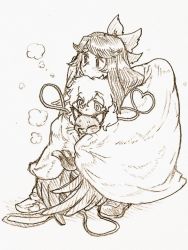 Rule 34 | 2girls, :3, animal, bird wings, blush, bow, breath, cape, cat, closed mouth, commentary, covered mouth, cuddling, closed eyes, feathered wings, greyscale, hair bow, heart, heart of string, holding, holding animal, holding cat, hug, kaenbyou rin, kaenbyou rin (cat), komeiji koishi, long hair, medium hair, menotama, messy hair, monochrome, multiple girls, multiple tails, on ground, reiuji utsuho, shoes, sitting, steam, tail, touhou, traditional media, two tails, whiskers, wing hug, wings