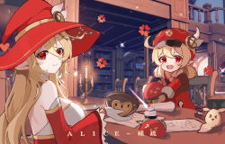 Rule 34 | 2girls, :d, absurdres, ahoge, alice (genshin impact), blonde hair, bookshelf, brown gloves, brown scarf, cabbie hat, chair, coat, commentary request, detached sleeves, dodoco (genshin impact), genshin impact, gloves, hair between eyes, hat, hat feather, hat ornament, highres, jumpy dumpty, klee (genshin impact), long hair, long sleeves, looking at viewer, low twintails, mother and daughter, multiple girls, open mouth, pointy ears, red coat, red eyes, red headwear, scarf, sidelocks, smile, table, twintails, witch hat, xishuu (user dvah3828)