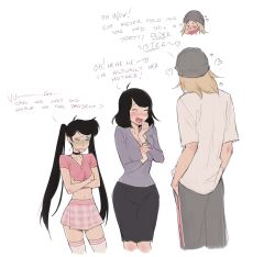 Rule 34 | 1boy, 2girls, absurdres, beanie, black choker, black hair, blonde hair, blush, breasts, choker, cleavage, closed eyes, commentary, crop top, drooling, embarrassed, english commentary, english text, hands in pockets, hat, heart, height difference, highres, kim (lacryboy), lacryboy, large breasts, long hair, medium hair, medium skirt, midriff, mother and daughter, multiple girls, navel, open mouth, original, pants, shirt, skindentation, skirt, small breasts, smile, sweatpants, t-shirt, thighhighs, twintails, zettai ryouiki