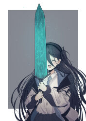 Rule 34 | 1girl, :d, ^ ^, absurdly long hair, absurdres, aris (blue archive), black hair, black skirt, blue archive, blue necktie, closed eyes, collared shirt, commentary request, from software, greatsword, hair between eyes, hair ornament, hairband, happy, highres, holding, holding sword, holding weapon, jacket, long hair, long sleeves, looking at viewer, moonlight greatsword, necktie, one side up, open clothes, open jacket, open mouth, pleated skirt, school uniform, shirt, sidelocks, simple background, skirt, smile, solo, sudachi-udon, sword, two-tone background, very long hair, weapon