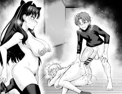 Rule 34 | 1boy, 2girls, absurdres, after vaginal, aftersex, ankoman, artoria pendragon (all), artoria pendragon (fate), ass, breast press, breasts, clothed sex, clothes, cum, cum in pussy, doggystyle, fate/grand order, fate (series), grabbing, grabbing another&#039;s ass, grabbing from behind, highres, large breasts, large penis, long hair, matou shinji, monochrome, multiple girls, open clothes, open mouth, penis, saber (fate), sex, sex from behind, short hair, testicles, tohsaka rin, vaginal