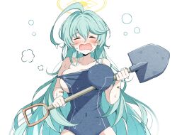 Rule 34 | 1girl, ahoge, blue archive, blue one-piece swimsuit, blush, breasts, closed eyes, collarbone, covered navel, flustered, green hair, hair between eyes, halo, highres, holding, holding shovel, karikura (atatata71), large breasts, long hair, off shoulder, one-piece swimsuit, shovel, simple background, solo, standing, swimsuit, wardrobe malfunction, wet, white background, yellow halo, yume (blue archive)