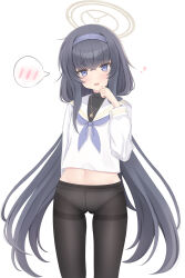 Rule 34 | 1girl, absurdres, black pantyhose, black sweater, blue archive, blue eyes, blue hair, blush, bow, bow panties, commentary, cowboy shot, gluteal fold, halo, head tilt, heart, highres, jewelry, jitome, long hair, long sleeves, looking at viewer, low twintails, lunana, midriff, navel, necklace, no pants, open mouth, panties, panties under pantyhose, pantyhose, shirt, sidelocks, simple background, solo, speech bubble, spoken blush, standing, stomach, sweatdrop, sweater, thigh gap, thighband pantyhose, turtleneck, turtleneck sweater, twintails, ui (blue archive), underwear, very long hair, white background, white panties, white shirt