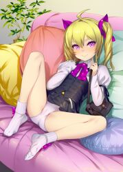 Rule 34 | 1girl, ahoge, bag, blonde hair, blush, bow legwear, clothes lift, collared shirt, commentary request, commission, couch, cushion, drill hair, flat chest, full body, hair ribbon, handbag, highres, juliet sleeves, long sleeves, looking at viewer, medium hair, miniskirt, miyakado shino, neckerchief, no shoes, original, panties, pink eyes, plant, puffy sleeves, purple neckerchief, purple ribbon, ribbon, shirt, sitting, skeb commission, skirt, skirt lift, smile, socks, sody, solo, spread legs, twin drills, underwear, vest, white panties, white socks
