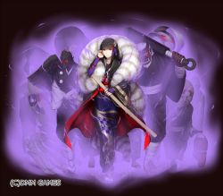 Rule 34 | 1girl, aura, black hair, blunt bangs, closed mouth, hand up, holding, holding sword, holding weapon, japanese clothes, kageshio (276006), kimono, long hair, long sleeves, looking at viewer, monster, oni, purple kimono, red eyes, scabbard, sennen sensou aigis, sheath, shino (sennen sensou aigis), solo, standing, sword, watermark, weapon