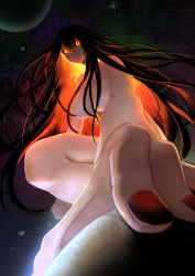 Rule 34 | 1girl, absurdres, black hair, black sclera, breasts, closed mouth, colored sclera, derimon. derimon, foreshortening, giant, giantess, glowing, glowing eyes, gradient hair, gradient nails, hair between eyes, hair censor, highres, large breasts, long hair, looking at viewer, m87 black hole, multicolored hair, nail polish, nude, orange eyes, orange hair, original, personification, planet, red nails, rock, smile, solo, space, star (sky), two-tone hair, very long hair