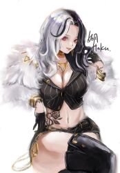 Rule 34 | 1girl, artist name, black gloves, black hair, black shorts, bracelet, breasts, cleavage, coat, crossed legs, flower tattoo, fur coat, fur collar, gloves, goddess of victory: nikke, gold choker, haakun, half gloves, hand tattoo, highres, jewelry, large breasts, lips, long hair, looking at viewer, multicolored hair, navel, parted hair, red eyes, rosanna (nikke), short shorts, shorts, simple background, sitting, smile, solo, split-color hair, stomach tattoo, striped, tattoo, thick thighs, thighs, vertical stripes, white background, white hair