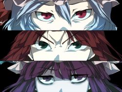Rule 34 | 3girls, atlus, bad id, bad pixiv id, bags under eyes, close-up, female focus, hong meiling, lowres, mkz, multiple girls, parody, patchouli knowledge, persona, persona eyes, remilia scarlet, touhou