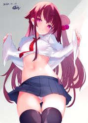 Rule 34 | 1girl, asymmetrical hair, bell, black thighhighs, bra, braid, closed mouth, clothes lift, collared shirt, cowboy shot, dated, dress shirt, french braid, gluteal fold, hair bell, hair ornament, hairclip, head tilt, heart, heart-shaped pupils, highres, jingle bell, long hair, long sleeves, looking at viewer, miniskirt, navel, necktie, one side up, open clothes, open shirt, original, panties, pleated skirt, red eyes, red hair, red necktie, reku hisui, school uniform, shirt, shirt lift, side-tie panties, sidelocks, skindentation, skirt, skirt lift, smile, solo, stoamch, symbol-shaped pupils, thighhighs, thighs, underwear, very long hair, white bra, white panties, white shirt, wind, wind lift