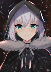 Rule 34 | 1girl, absurdres, black cape, blue eyes, blush, cape, closed mouth, fate (series), fur cape, gray (fate), grey ribbon, hair between eyes, highres, hooded, looking at viewer, lord el-melloi ii case files, nassss, neck ribbon, ribbon, short hair, signature, silver hair, solo, upper body
