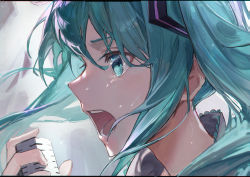 Rule 34 | 1girl, absurdres, blue eyes, blue hair, hatsune miku, highres, karasuro, microphone, music, neck, open mouth, singing, sweat, twintails, upper body, vocaloid