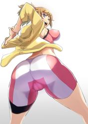 Rule 34 | 10s, 1girl, ass, bad id, bad twitter id, bike shorts, blue eyes, breasts, brown hair, covered erect nipples, from below, gundam, gundam build fighters, gundam build fighters try, hoshino fumina, jacket, large breasts, looking back, midriff, nuezou, one eye closed, open mouth, ponytail, smile, solo, sports bra, stretching, thick thighs, thigh gap, thighs, tongue, wide hips