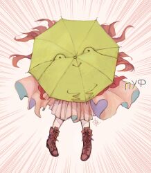 Rule 34 | 1girl, animal-themed umbrella, boots, brown footwear, covered face, cyrillic, dress, full body, green umbrella, highres, long hair, patchouli knowledge, pink background, pink dress, purple hair, signature, smile, solo, svveetberry, touhou, translated, umbrella, very long hair