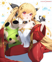 Rule 34 | 1girl, aged down, arm tattoo, azur lane, blonde hair, choker, covered navel, gloves, half gloves, highres, jacket, long hair, nelson (azur lane), off shoulder, open mouth, pantyhose, red eyes, red pantyhose, shirt, sitting, sonaworld, stuffed toy, tattoo, twintails, very long hair, wariza, white shirt