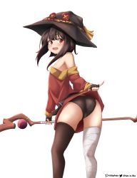 Rule 34 | 1girl, absurdres, ass, bare shoulders, bigpain, black cape, black hair, blush, cape, clothes lift, dress, dress lift, fingerless gloves, from behind, gloves, hat, highres, kono subarashii sekai ni shukufuku wo!, looking at viewer, megumin, open mouth, panties, red eyes, shiny clothes, shiny skin, short hair, smile, solo, staff, thighhighs, underwear