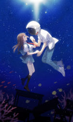 Rule 34 | 1boy, 1girl, air bubble, black socks, blue eyes, blue skirt, blurry, brown footwear, brown hair, bubble, commentary request, coral, denim, depth of field, desk, dress shirt, eye contact, hakusai (tiahszld), hand up, high-waist skirt, highres, holding hands, interlocked fingers, jeans, kneehighs, loafers, long hair, looking at another, original, pants, parted lips, revision, school desk, school of fish, school uniform, shirt, shoes, short sleeves, sidelocks, skirt, sneakers, socks, submerged, suspender skirt, suspenders, underwater