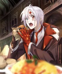 Rule 34 | 1boy, allen walker, black jacket, blue eyes, blurry, blurry background, blurry foreground, burger, d.gray-man, eating, facial mark, food, fukuzawa yukichi (egoist867), heterochromia, highres, holding, holding food, indoors, jacket, long sleeves, male focus, necktie, omelet, omurice, open mouth, red eyes, red necktie, shirt, short hair, silver hair, sitting, solo, white shirt
