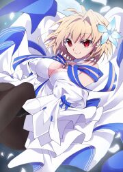 Rule 34 | 1girl, absurdres, antenna hair, archetype earth, arcueid brunestud, bare shoulders, black pantyhose, blonde hair, blue flower, breasts, cleavage, closed mouth, commentary request, detached sleeves, dress, fate/grand order, fate (series), flower, hair flower, hair ornament, highres, looking at viewer, medium breasts, pantyhose, petals, red eyes, short hair, single hair intake, smile, solo, toyosu, tsukihime, tsukihime (remake), white dress