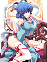 Rule 34 | 1girl, alternate costume, blue eyes, blue hair, blush, breasts, china dress, chinese clothes, dress, flower, hair ornament, hair rings, hair stick, highres, kaku seiga, large breasts, looking at viewer, matching hair/eyes, monety, no panties, shawl, short hair, single thighhigh, smile, solo, thighhighs, touhou, white thighhighs