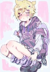 Rule 34 | 1boy, androgynous, bandaid, bandaid on cheek, bandaid on face, black footwear, black socks, blonde hair, blue eyes, blush, hair ornament, hairpin, heart, heart hair ornament, highres, hood, hood down, hoodie, kagamine len, male focus, multiple hairpins, official alternate costume, open mouth, purple hoodie, purple shorts, purple socks, sat00e, shirt, short ponytail, shorts, sketch, socks, solo, squatting, striped clothes, striped socks, vocaloid, white shirt