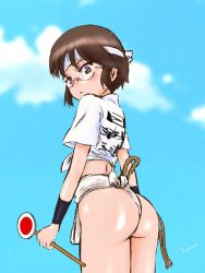 Rule 34 | 1girl, artist name, ass, blue sky, brown eyes, brown hair, clothes writing, cloud, cloudy sky, commentary, cowboy shot, day, from behind, fundoshi, girls und panzer, glasses, headband, hiyama yuu (wee259hiyama), holding, japanese clothes, looking at viewer, looking back, one-hour drawing challenge, outdoors, parted lips, round eyewear, sasagawa kanon, shirt, short hair, short sleeves, sign, signature, sky, solo, standing, tied shirt, translated, wedgie, white headband, white shirt