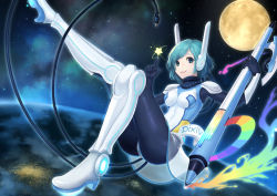 Rule 34 | 1girl, bad id, bad pixiv id, blue eyes, blue hair, bodysuit, cable, commentary request, earth (planet), floating, moon, mzkui 232, original, pixiv-tan, robot ears, solo, space, space pixiv-tan, spacesuit, stylus