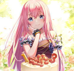 Rule 34 | 1girl, banned artist, bare shoulders, birthday cake, blue eyes, blue nails, brown dress, cake, closed mouth, commentary request, dress, flower, food, frilled dress, frills, fruit, hair between eyes, hand up, highres, long hair, megurine luka, nail polish, petals, pink hair, red flower, red rose, rose, smile, solo, strapless, strapless dress, strawberry, very long hair, vocaloid, wrist cuffs, yuuka nonoko