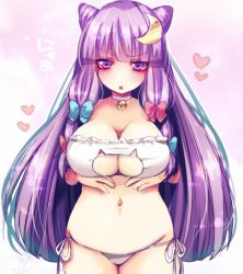 Rule 34 | 1girl, :o, bell, blue bow, blunt bangs, bow, bra, breast hold, breasts, cat cutout, cat lingerie, choker, cleavage, cleavage cutout, clothing cutout, cone hair bun, cowboy shot, crescent, crescent hair ornament, double bun, fua yuu, hair bow, hair bun, hair ornament, heart, jingle bell, large breasts, long hair, looking at viewer, meme attire, navel, neck bell, panties, patchouli knowledge, purple eyes, purple hair, red bow, side-tie panties, solo, standing, touhou, underwear, white bra, white panties