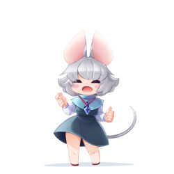 Rule 34 | 1girl, animal ears, bbb (33kudo), blue capelet, blush, capelet, closed eyes, commentary request, crystal, eyes visible through hair, flat chest, full body, grey hair, grey skirt, grey vest, hair between eyes, highres, jewelry, long sleeves, medium bangs, mouse ears, mouse girl, mouse tail, nazrin, open mouth, pendant, shirt, short hair, simple background, skirt, smile, solo, standing, tail, touhou, vest, white background, white shirt