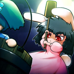 Rule 34 | 2girls, :&lt;, animal ears, black hair, bucket, rabbit ears, rabbit tail, cff, chibi, evil, eyebrows, female focus, green hair, hair bobbles, hair ornament, in bucket, in container, inaba tewi, kanno kengo, kisume, mallet, multiple girls, red eyes, short hair, tail, thick eyebrows, touhou, violence