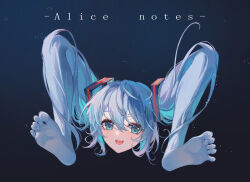 Rule 34 | 1girl, absurdres, barefoot, blue eyes, blue hair, commentary request, full body, grey background, hair between eyes, hair ornament, hatsune miku, highres, lixiang guo alice, long bangs, long hair, looking at viewer, open mouth, shiteyan&#039;yo, smile, soles, solo, toes, twintails, vocaloid, what
