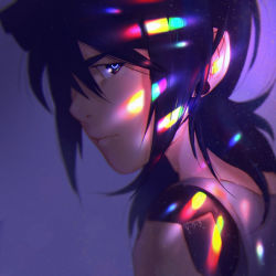 Rule 34 | 1boy, black hair, closed mouth, commentary, earrings, english commentary, from side, frown, jewelry, looking at viewer, looking to the side, male focus, medium hair, messy hair, moonlight, original, portrait, purple background, rainbow, sidelocks, sideways glance, simple background, solo, stud earrings, vizerothree