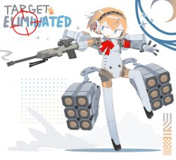 Rule 34 | 1girl, aegis (persona), android, armband, blonde hair, blue eyes, ccg, gun, highres, joints, looking to the side, open mouth, persona, persona 3, red armband, red ribbon, ribbon, robot joints, short hair, simple background, solo, weapon, white background