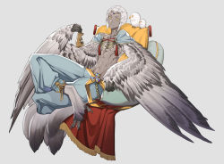 Rule 34 | 1boy, colored skin, feathered wings, feathers, grey skin, harpy boy, crossed legs, male focus, monster boy, muscular, original, pixiv1095851, solo, white hair, wings, yellow eyes