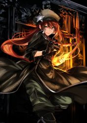 Rule 34 | &gt;:), 1girl, belt, beret, black gloves, boots, braid, breasts, chinese clothes, clenched hand, fatigues, fighting stance, fire, flaming hand, gloves, green eyes, hat, highres, hong meiling, indoors, karlwolf, lips, lipstick, long hair, looking at viewer, makeup, medium breasts, military, pants, pants tucked in, pyrokinesis, red hair, solo, star (symbol), tabard, touhou, twin braids, v-shaped eyebrows, very long hair