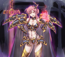 Rule 34 | 1girl, almeda, alternate costume, armor, aura, bozel (langrisser), breasts, cape, cleavage, corruption, dark persona, elbow gloves, evil smile, gloves, glowing, glowing hand, glowing sword, glowing weapon, hair bun, highres, langrisser, langrisser mobile, large breasts, leebigtree, long hair, looking at viewer, magic, mark of bozel, medium breasts, midriff, pauldrons, pink hair, ponytail, possessed, possession, red eyes, shoulder armor, slit pupils, smile, sword, tattoo, thighhighs, thighs, weapon